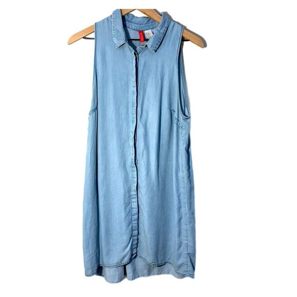 H&M Divided Blue Chambray Denim Dress Women’s 10 Liocel Button Up Sleeveless. - Picture 1 of 11